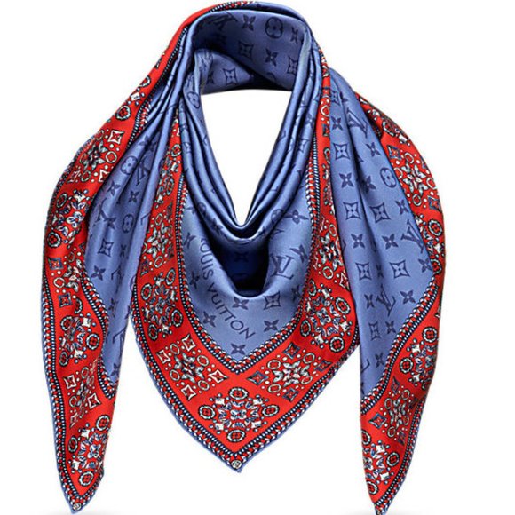 New Louis Vuitton Wrap Monogram Logo Oversize Square Blue Silk Scarf - Picture 1 of 16